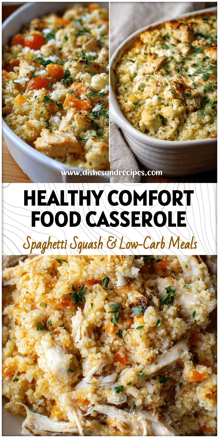 Baked easy chicken and cauliflower rice casserole topped with herbs and shredded chicken for a healthy meal.